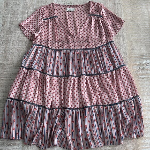 Urban Outfitters Pink Floral A-Line Mini V-Neck Dress Short Sleeves Size Small - Picture 1 of 11